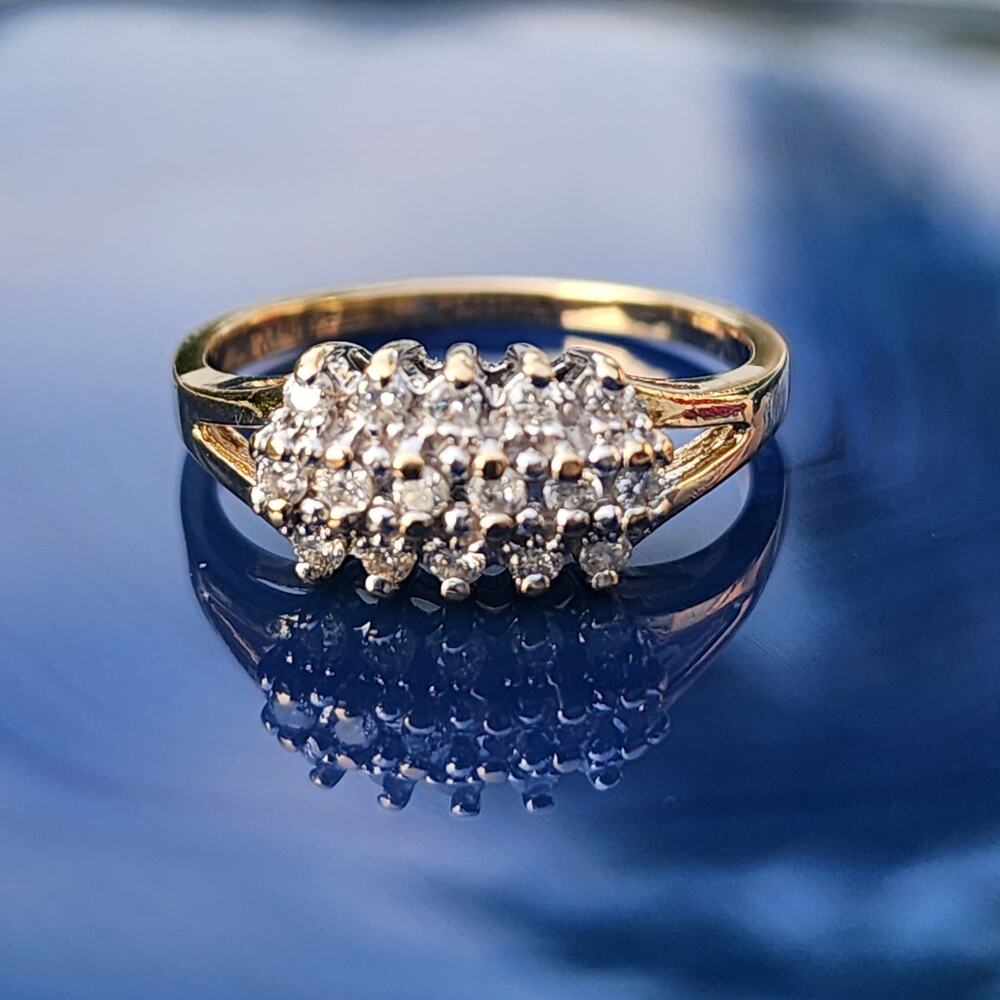 14K Fine Yellow Gold Diamond Cluster 3 Tier Open Work Accent Ring - Picture 2 of 14